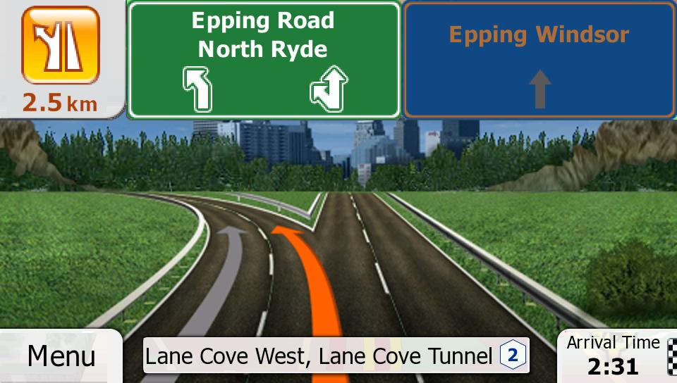2.3.3.4 Junction view If you are approaching a motorway exit or a complex intersection and the needed information exists, the map is replaced with a 3D view of the