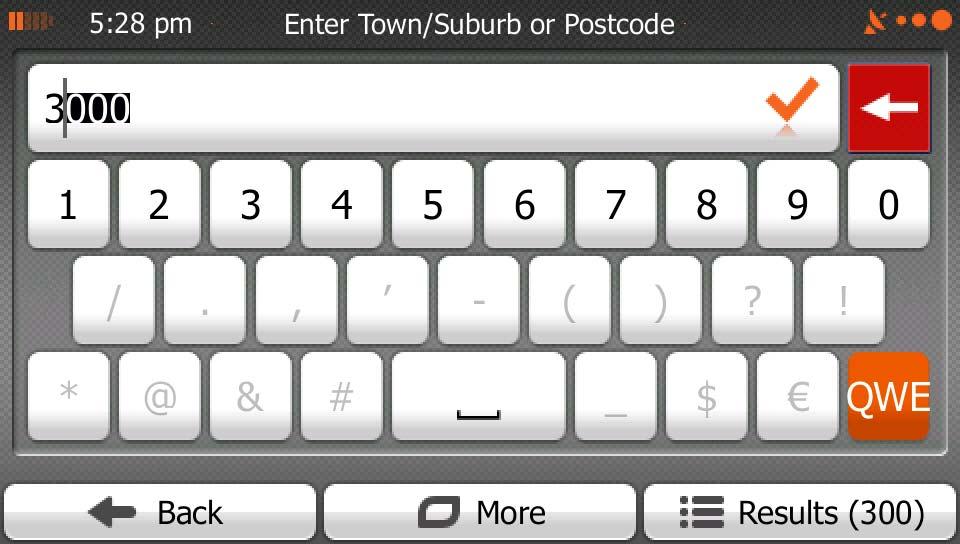 d. Find the city/town you need: The most likely postal code is always shown in the input field. To accept it, tap. If the desired number does not show up, open the list of results by tapping.