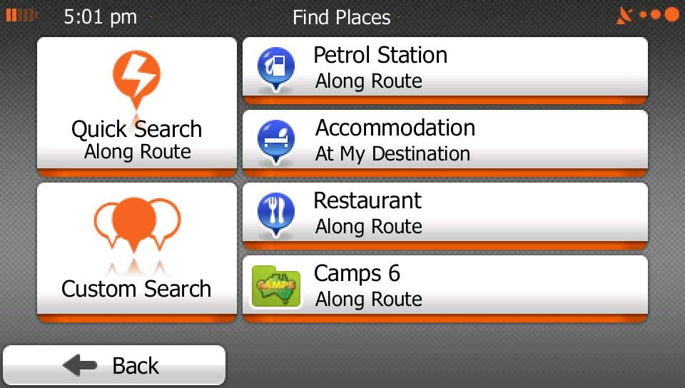 3. The preset search categories appear: : If an active route exists, petrol stations are searched along the route.