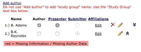 Confirming Authors Information Authors names will be highlighted in red if there is missing information that is required. Be sure to Choose an affiliation for all authors.