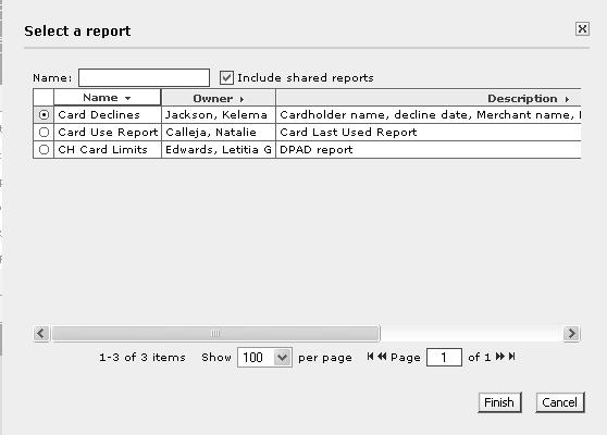 Running Reports: Cardholder Declines Select Choose from all available templates. 4 Select Card Declines and select finish.