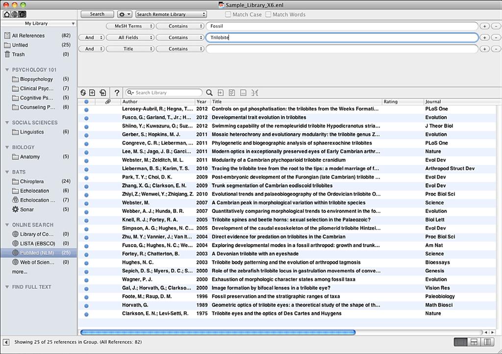 Click Search. EndNote sends the search request off to the online database and displays a summary of the search results. This time the system finds fewer references. 7.