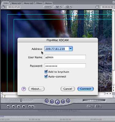 9. Final Cut Pro displays the Flip4Mac XDCAM connection dialog: Figure 21. Use the XDCAM connect dialog to connect to your XDCAM device.