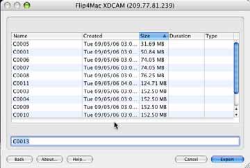 When you connect, the files on the XDCAM display in the list. A preview panel displays on the right. Figure 22. Use the Export dialog to save the MXF file on your XDCAM. MXF files on the device.