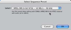2. Load an MXF Sequence Preset. On the General tab, click Load Sequence Presets to select an NTSC or PAL MXF Preset. Figure 25. Use the Select menu to display the Sequence Settings dialog.