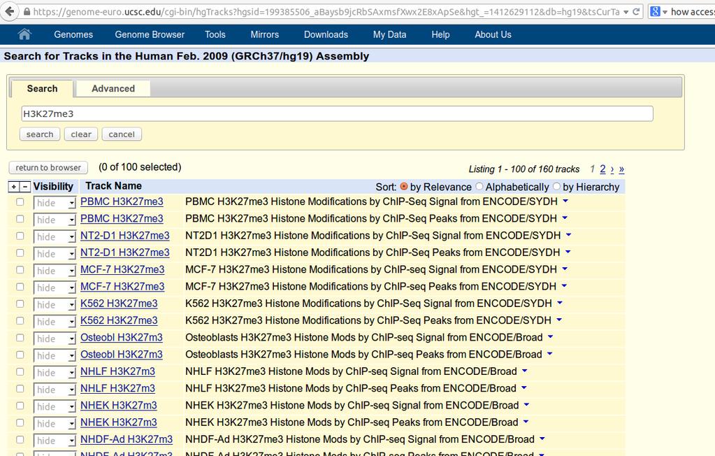 UCSC: Accessing the ENCODE data Track search : Enter the H3K27me3 keyword to