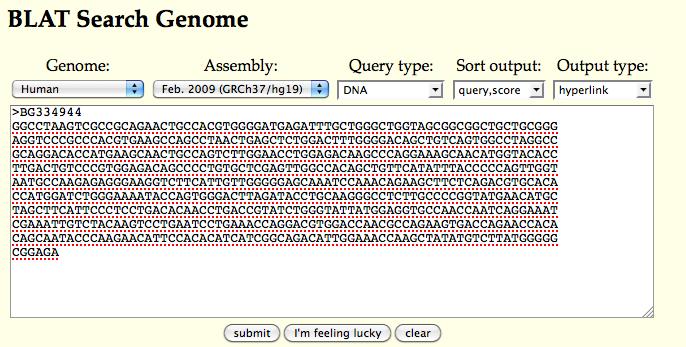 Figure 3: BLAT search window The server will very quickly return the search results. In this case, the EST produces a several matches on several different chromosomes.