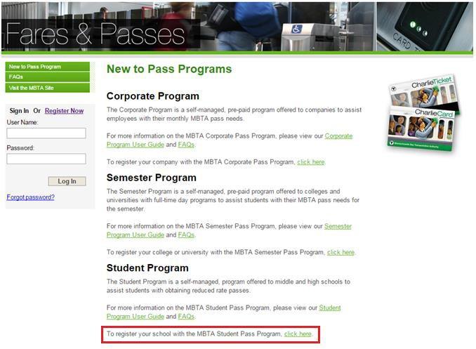 2. Scroll down to the bottom of the New to Pass Programs page and under the Student Program section, click the click here link to open the School Registration page 3.