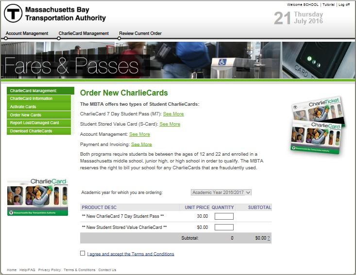 6 PLACE ORDERS Sign into the pass program to order new cards. 1. Click on CharlieCard Management 2. Select Order New Cards in the left panel 3. Note the quantity next to each product required 4.