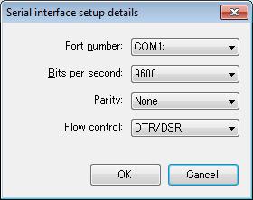 Interface setup details A dialog window pops up to configure interface connection details. Serial interface Port number: Select a port number.