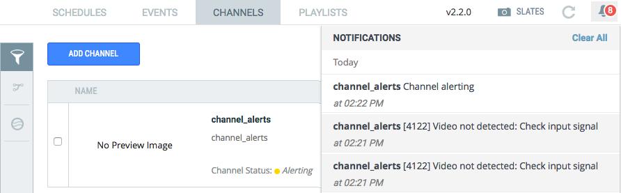 Notifications Improvement For monitoring their channels for alerts on channels with Ooyala Encode and Ooyala Package, Ooyala Live has a new channel status called 'alerting'.