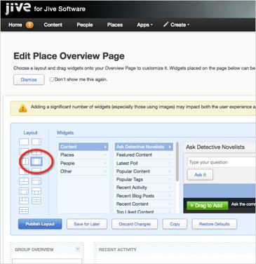 Using a Jive Community 163 Setting Up a Place's Overview Page To begin customizing the Overview page of a place, navigate there and click Manage > Overview Page.