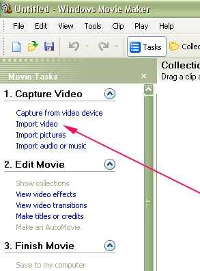 To import video: 1. Click on import video from the movie task pane on the left side of the screen. 2. Select from the drop down menu your folder where you saved your video clip.