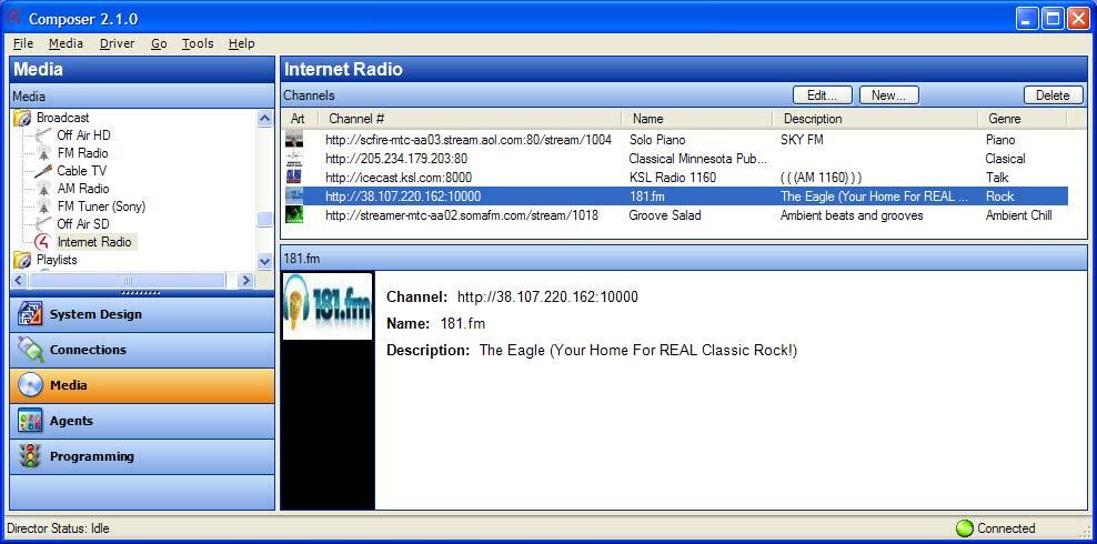 After the Internet Radio broadcast cloud driver is added to the project and bound to the Internet Input binding on the Controller(s), you can add Internet radio channels to the media database.