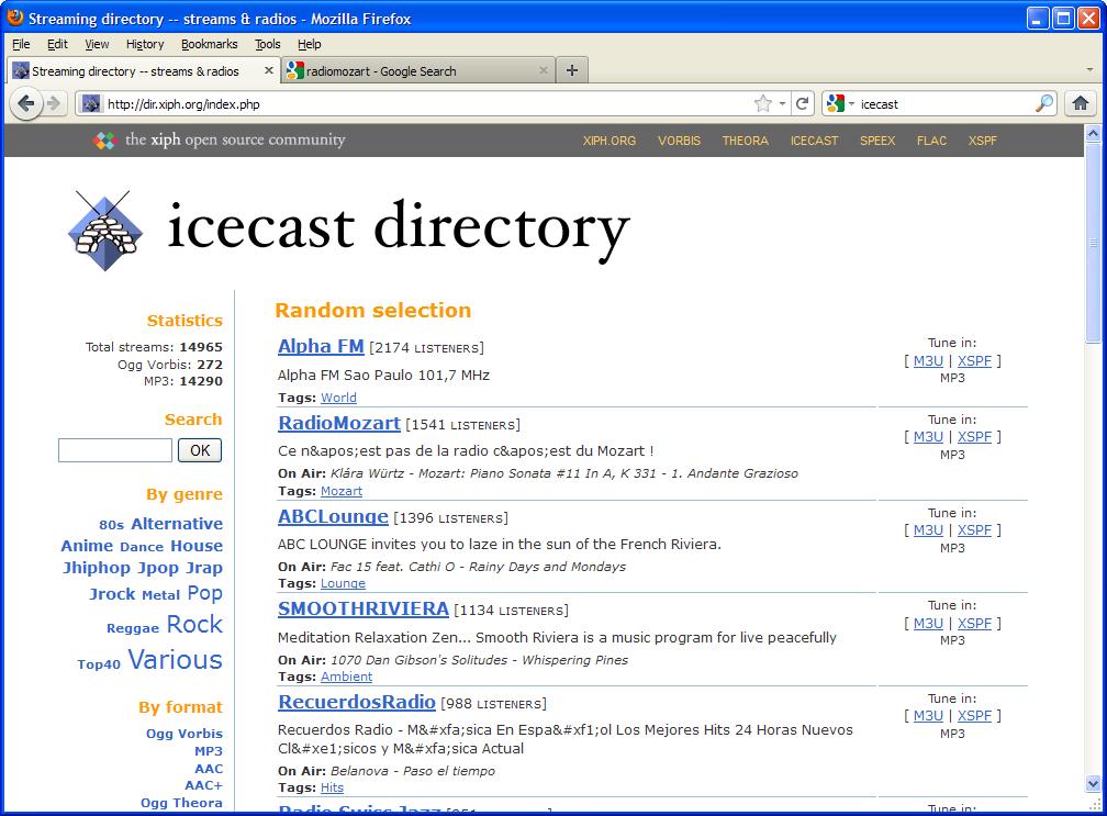 Use icecast s stream directory to search for a station or genre.