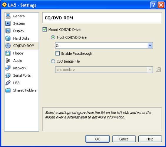 Use your mouse pointer to place a check mark in the Mount CD/DVD Drive check box and