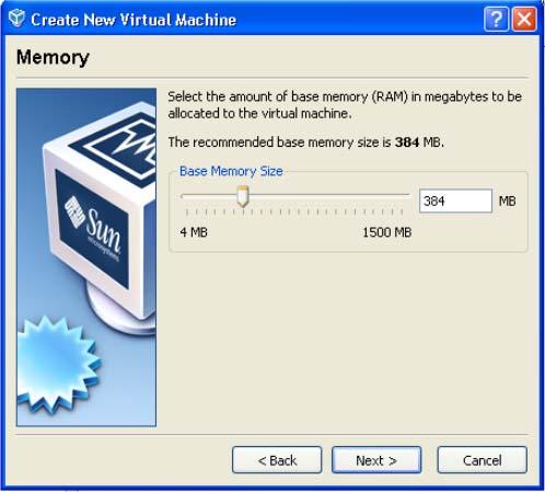 The next step is to choose how much of your system memory to allocate to the virtual machine guest operating system.