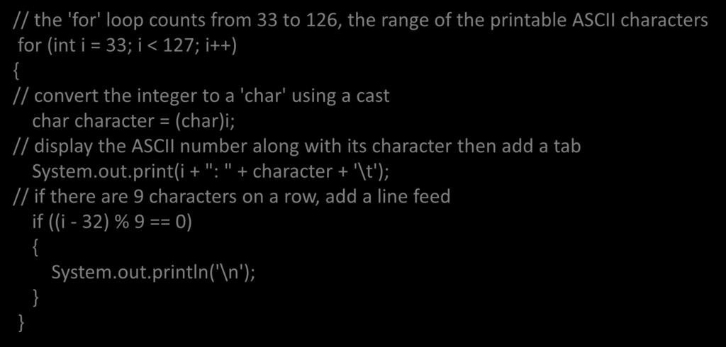 Iteration with a for Loop This example uses a for loop to display the printable ASCII characters of the Unicode table // the 'for' loop counts from 33 to 126, the range of the printable ASCII