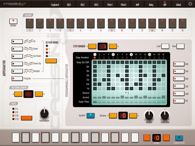 Arpeggiator Activate: activates the Arpeggiator. On/Off : turns each step on or off. The mode selector selects the arpeggio type. Octave Range: specifies the range of the arpeggio.