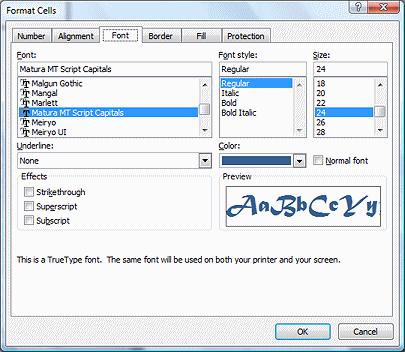 .. The Format Cells dialog appears, open to the Font tab. It has 6 tabs for formatting options. 3.