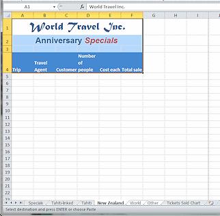 2. Click on the tab for sheet New Zealand and hold the SHIFT key down and click on Other. The three sheets New Zealand, World, and Other are grouped, shown by all three tabs being white.