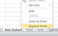 5. Ungroup the sheets by right clicking on one of the tabs and choosing Ungroup Sheets from the context menu. Another way to ungroup is to click on one of the sheets not in the group.