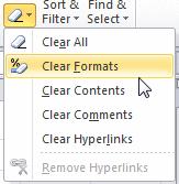 Ribbon: On the Home tab, the Clear button opens a list of choices, including Clear Formats, which returns all the fonts to the default Normal