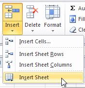 You currently have sheets named Sheet 1, Sheet 3, and Tickets Sold Chart. 1. On the Home tab, click the arrow by the Insert button. 2. Click on Insert Sheet. A blank sheet tab appears, named Sheet2.