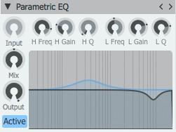 100 7.4 EQ Parametric EQ DJ EQ Hi Lo Balance Parametric EQ This is a 2-band parametric EQ. The current frequency response curve is indicated on the graphical display.
