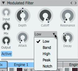 The Mode control switches between low-pass, band-pass, high-pass, peak and notch modes.