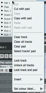 122 Track context menu Right-click on any Track name to display the Track context menu. Cut / Copy / Paste These functions allow selections to be cut, copied and pasted.