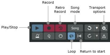 Relevant transport controls Song mode Activating this button enables Song mode. In Song mode, the Record and Retro record functions are used for the Song sequencer instead of patterns.