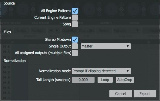 This panel also specifies a number of settings that apply for the drag and drop pattern audio export function. Source This control dictates what pattern material is exported.