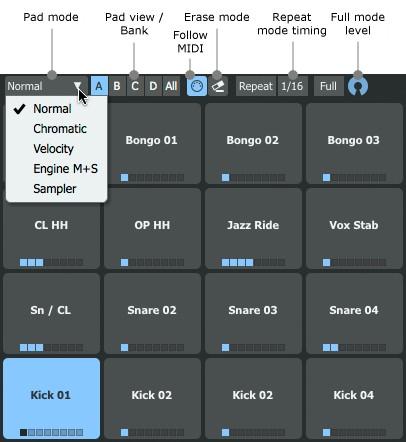 16 Pad modes features a number of additional modes for the pads, intended for performance and pattern recording via MIDI while the transport is running.
