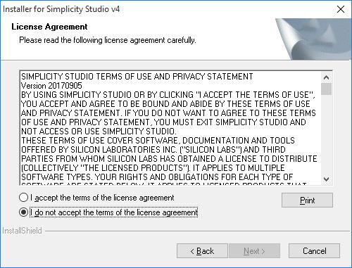 Getting Started 2.2 Installing Simplicity Studio and the Gecko Suite with the Bluetooth Stack 1. Run the Simplicity Studio installation application. 2. When Simplicity Studio first launches, it presents a License Agreement dialog.
