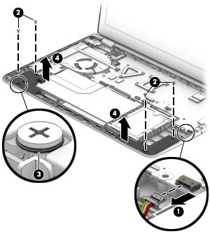 3. Lift the speakers from the computer (4), noting the proper cable routing for reinstallation.