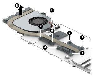 4. Remove the heat sink (8) from the system board. 5. If disassembling a model with UMA graphics, disconnect the fan cable from the system board (1). 6.