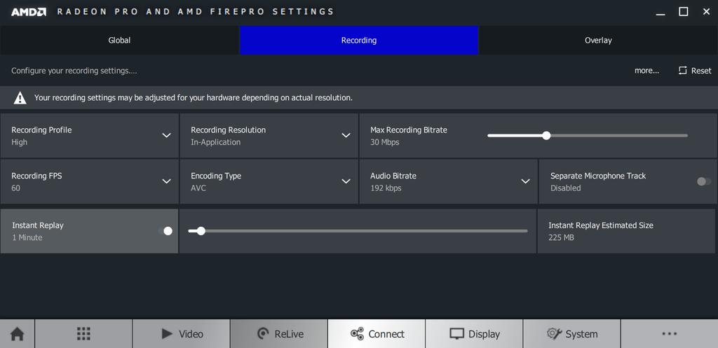 Instant Replay RECORDING TAB 10 When Instant Replay is turned on, Radeon Pro ReLive is constantly recording the screen and will save the screen recording up to the time that you specify.
