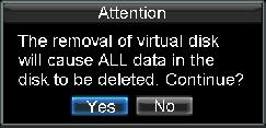 Figure 21. Delete Virtual Disk 5. In the pop-up Attention box, click the Yes button to confirm the virtual disk deletion. Figure 22. Confirm Virtual Disk Deletion 6.