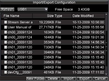 Figure 10. Import/Export Configuration Menu 2. Click Export to export a configuration file to USB device. USB device must be connected at this point to the DVR. 3.