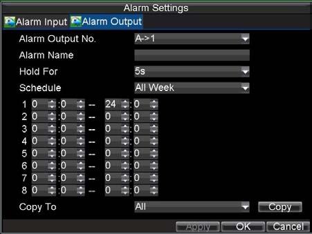 Alarm outputs may also be configured in the Alarm Management menu. To set up Alarm Output: 1. Select the Alarm Output tab.