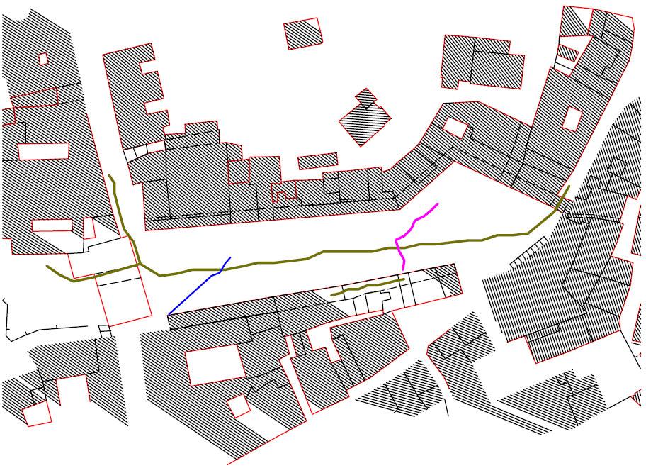 Figure 3 The area of 12000 square meters of the historical centre of Fermo used for dataset collecting; green line represents the dataset and blue and red ones represent the paths.