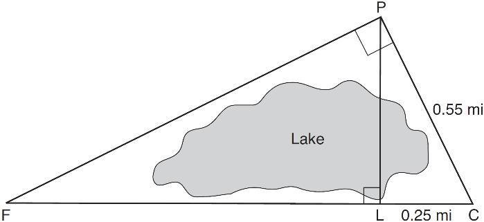 3. In the diagram below, the line of sight from the park ranger station, P, to the lifeguard chair, L, on the beach of a lake is perpendicular to the path joining the campground, C, and the first aid