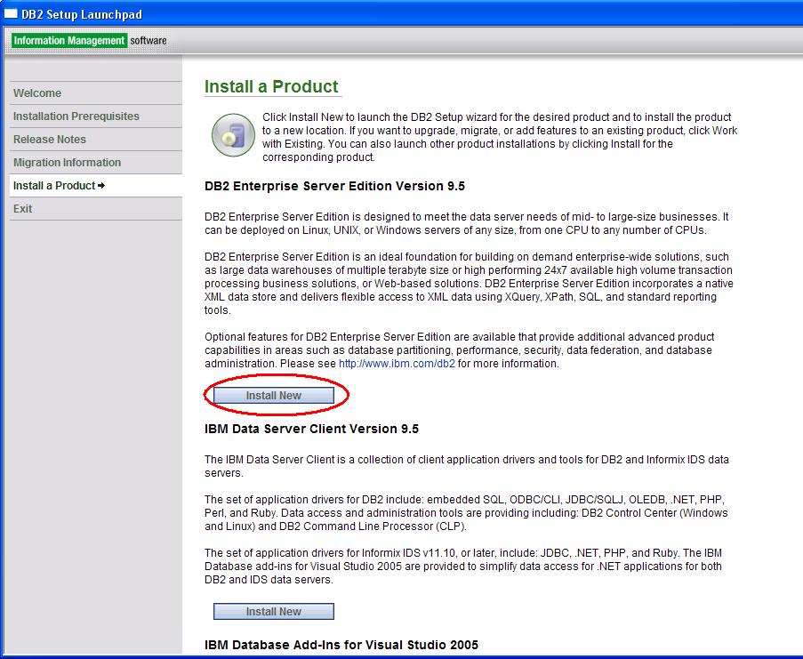 3. Click the Install New button underneath the DB2 Enterprise Server Edition Version 9.5 heading.