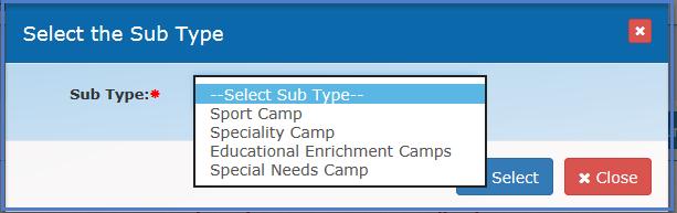 Specialized Camp Application 1. Click on Add New Specialized Camp Application 2. A Popup window appears for you to select the type of specialized camp 3. The application process contains five tabs a.