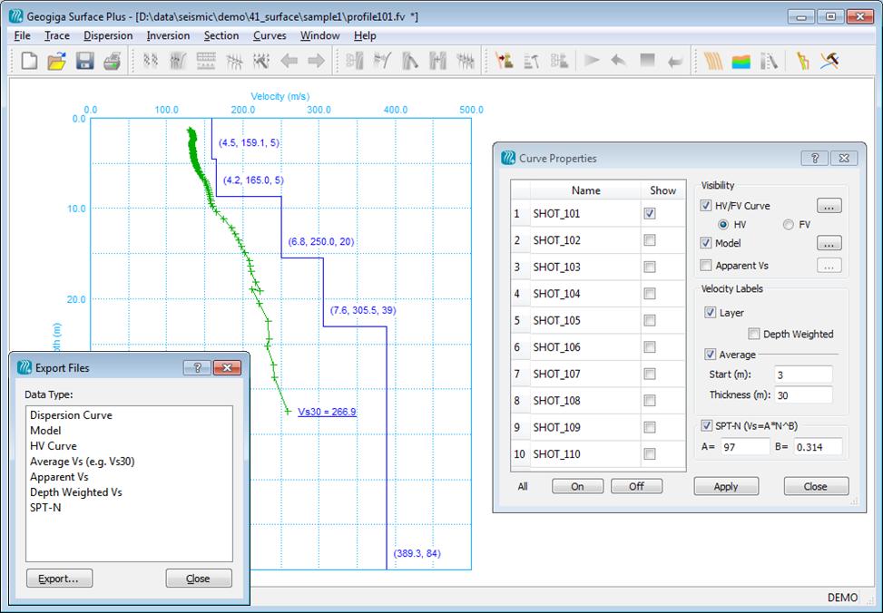 Average Velocity and SPT-N Values In the Curve Properties dialog box: Input start depth and thickness to calculate an average velocity.