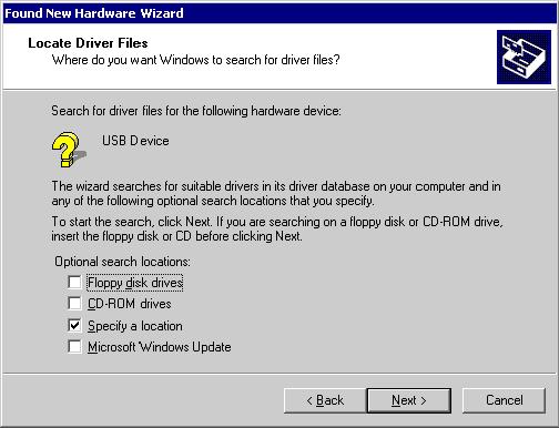 The wizard asks you to specify the location of the correct driver files for the new device.