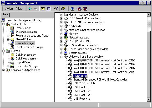 If the driver is installed and your SAM-ICE is connected to your computer, the device manager should list the J-Link driver as a node below "Universal Serial Bus controllers" as shown in the