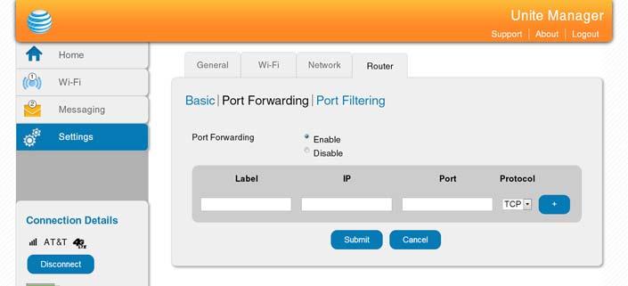 When not required, port forwarding should be disabled. 4. Enter the port forwarding information and click Submit. (Submit button appears once you make a selection.
