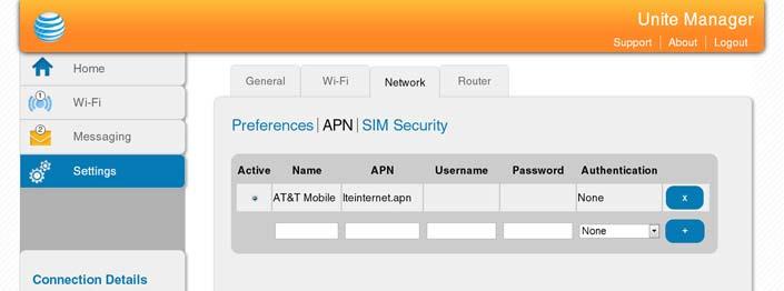 To add an APN for another network: 1. On the Unite Manager homepage, log in as Administrator. 2. Click Settings > Network > APN. 3. In the blank line, enter the APN (obtained from your carrier). 4.